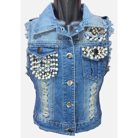 L Love Beaded-Distressed Blue Denim Vest Jacket Small - Pearl Embellished - Picture 1 of 7